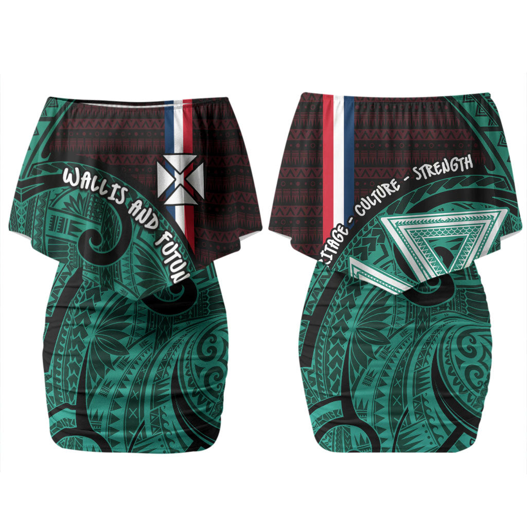 Wallis And Futuna Family Matching Off Shoulder Short Dress and Hawaiian Shirt Tribal Polynesian Tattoo Heritage Cross Flag TS04 Mom's Dress Green Black - Polynesian Pride