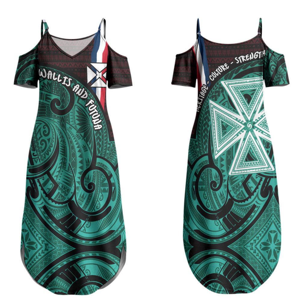 Wallis And Futuna Family Matching Summer Maxi Dress and Hawaiian Shirt Tribal Polynesian Tattoo Heritage Cross Flag TS04 Mom's Dress Green Black - Polynesian Pride