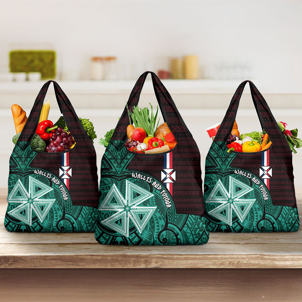 Wallis And Futuna Grocery Bag Tribal Polynesian Tattoo Heritage Cross Flag TS04 3-pack One Size Green Black - Polynesian Pride