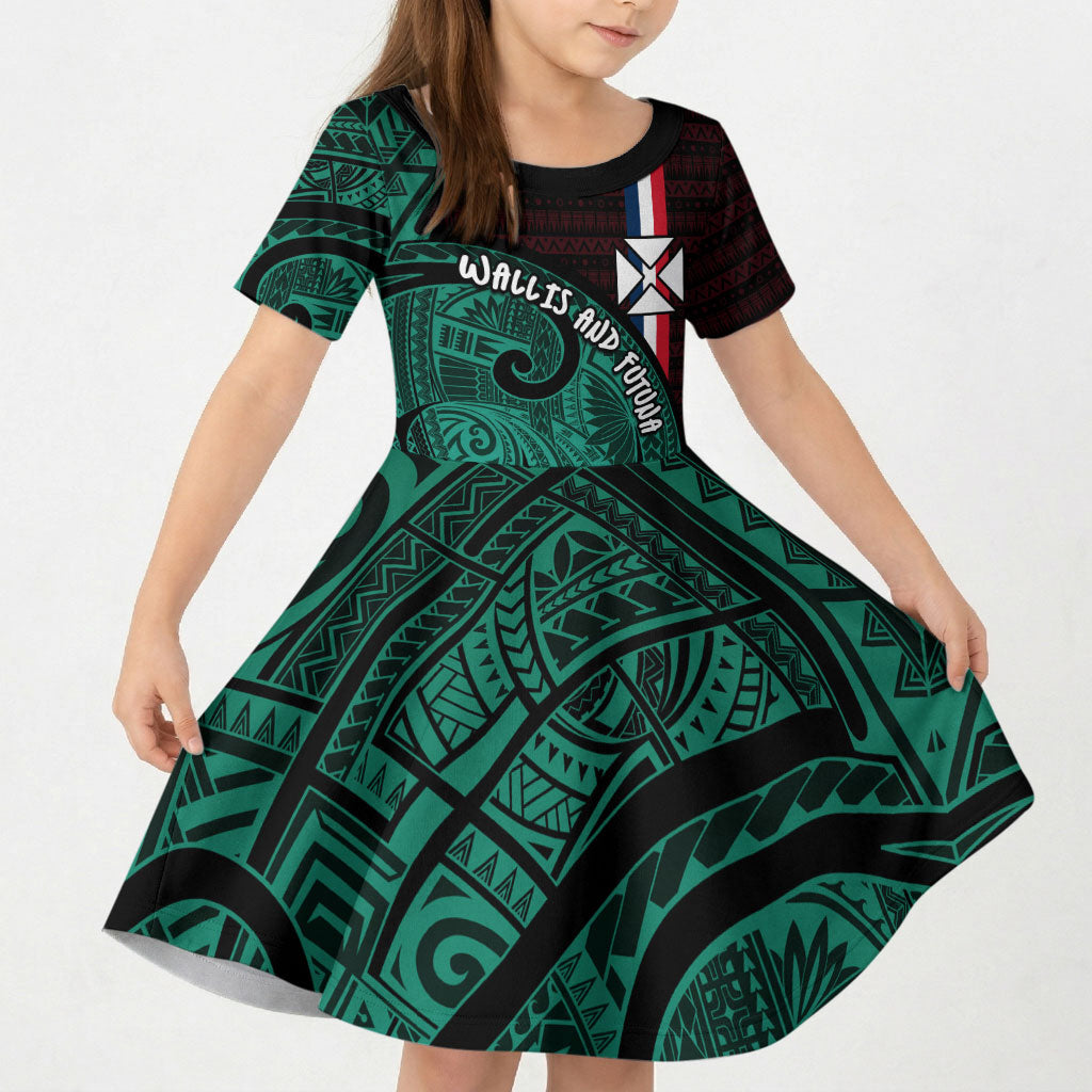 Wallis And Futuna Kid Short Sleeve Dress Tribal Polynesian Tattoo Heritage Cross Flag