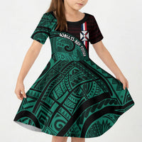 Wallis And Futuna Kid Short Sleeve Dress Tribal Polynesian Tattoo Heritage Cross Flag TS04 KID Green Black - Polynesian Pride