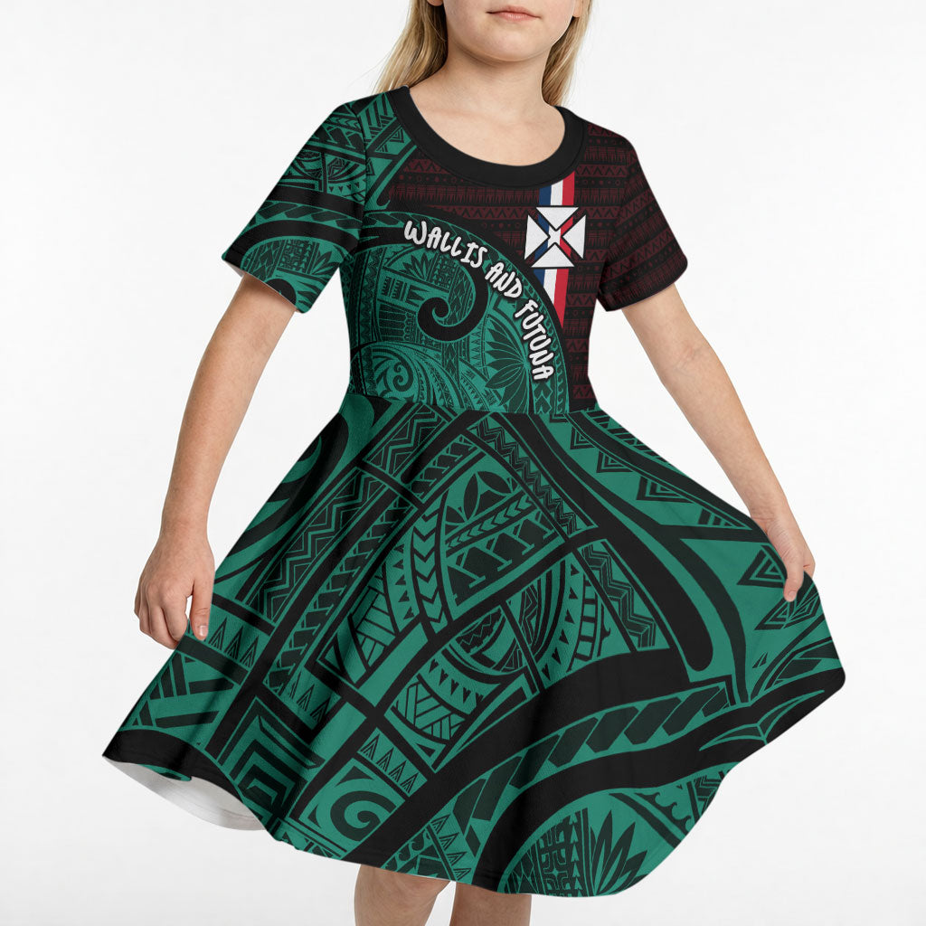 Wallis And Futuna Kid Short Sleeve Dress Tribal Polynesian Tattoo Heritage Cross Flag TS04 - Polynesian Pride