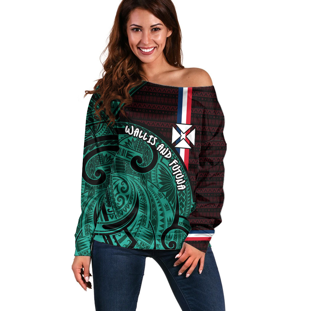 Wallis And Futuna Off Shoulder Sweater Tribal Polynesian Tattoo Heritage Cross Flag TS04 Women Green Black - Polynesian Pride