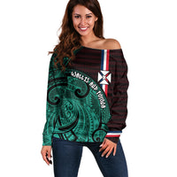 Wallis And Futuna Off Shoulder Sweater Tribal Polynesian Tattoo Heritage Cross Flag TS04 Women Green Black - Polynesian Pride