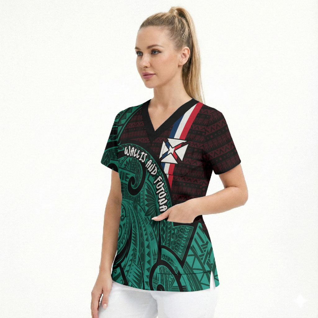 Wallis And Futuna Scrub Top Tribal Polynesian Tattoo Heritage Cross Flag