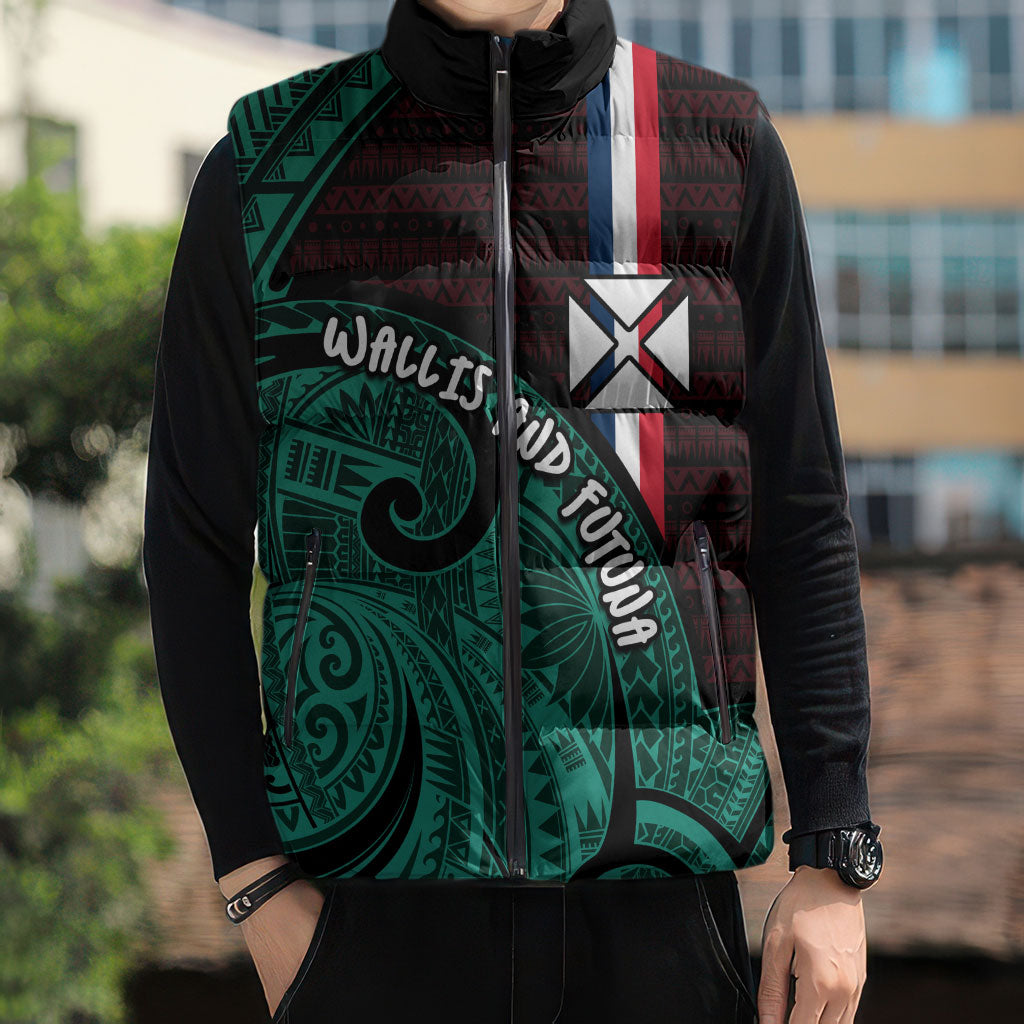 Wallis And Futuna Sleeveless Puffer Jacket Tribal Polynesian Tattoo Heritage Cross Flag TS04 - Polynesian Pride