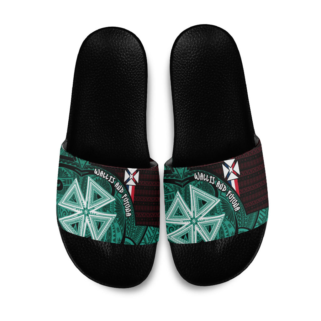 Wallis And Futuna Slide Sandals Tribal Polynesian Tattoo Heritage Cross Flag TS04 Green Black - Polynesian Pride