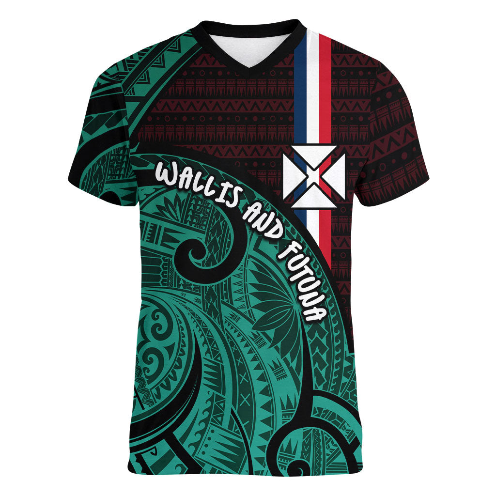 Wallis And Futuna Women V-Neck T-Shirt Tribal Polynesian Tattoo Heritage Cross Flag