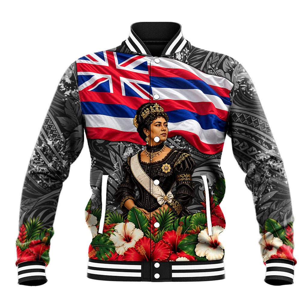 Queen Liliuokalani Hawaiian Flag Baseball Jacket Polynesian Tribal Pattern And Tropical Hibiscus