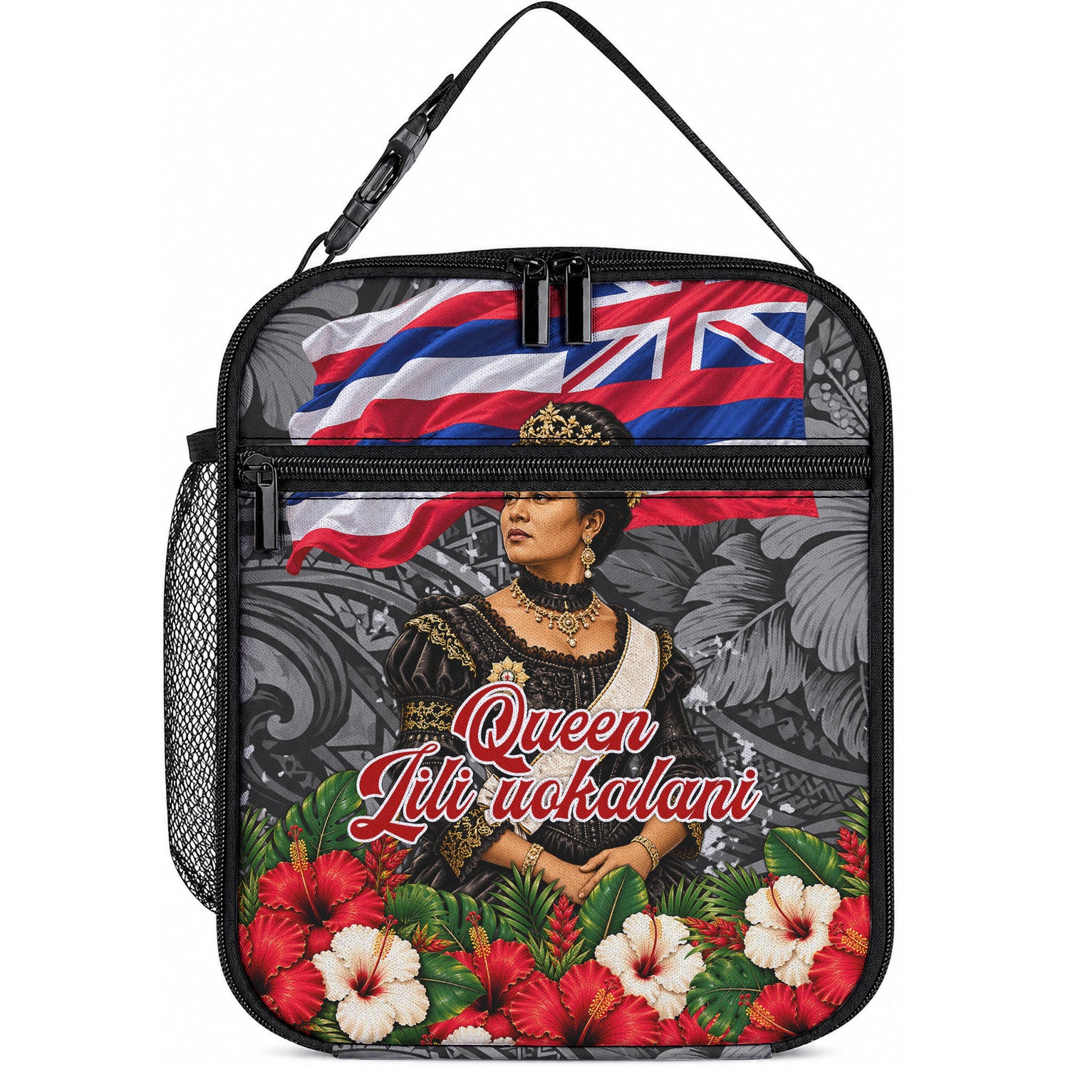 Queen Liliuokalani Hawaiian Flag Lunch Bag Polynesian Tribal Pattern And Tropical Hibiscus TS04 10.2 × 8.3 × 4.3 inch Grey Red - Polynesian Pride