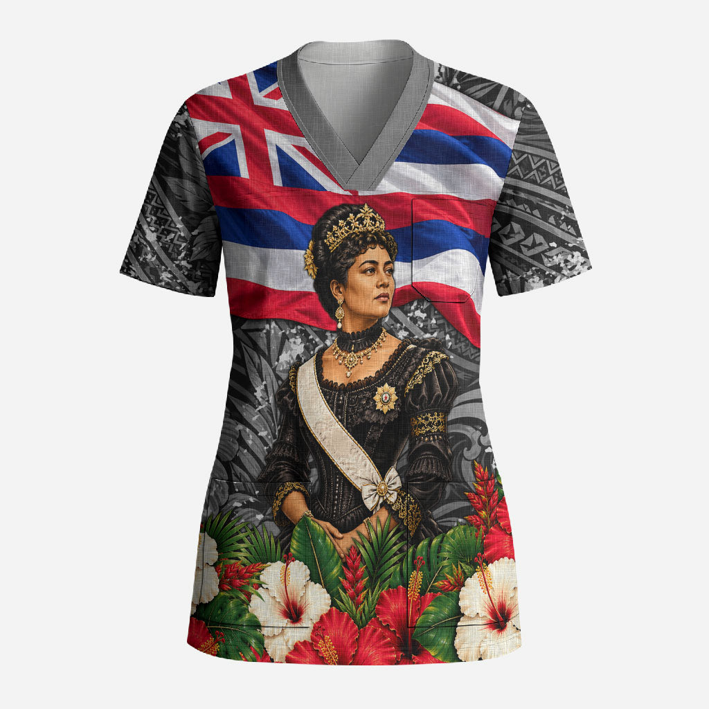 Queen Liliuokalani Hawaiian Flag Scrub Top Polynesian Tribal Pattern And Tropical Hibiscus TS04 Adult Grey Red - Polynesian Pride