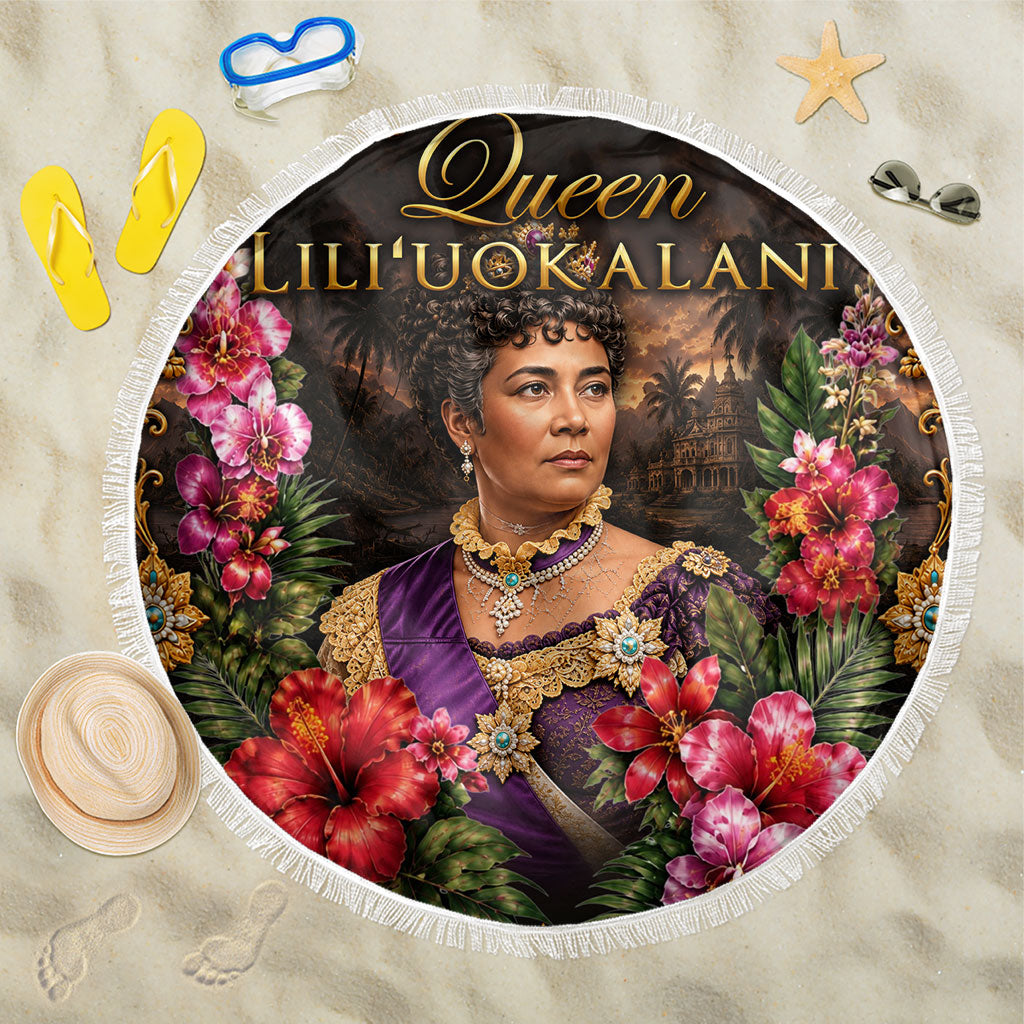 Queen Liliuokalani Hawaii Beach Blanket Royal Portrait Golden Floral Frame Tropical Hibiscus TS04 One Size 150cm Black Gold - Polynesian Pride
