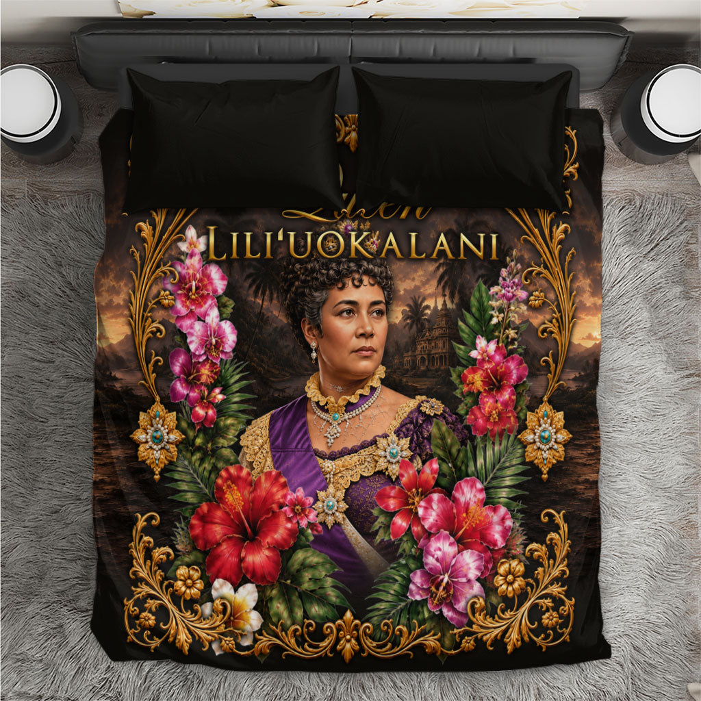 Queen Liliuokalani Hawaii Bedding Set Royal Portrait Golden Floral Frame Tropical Hibiscus TS04 Black Gold - Polynesian Pride