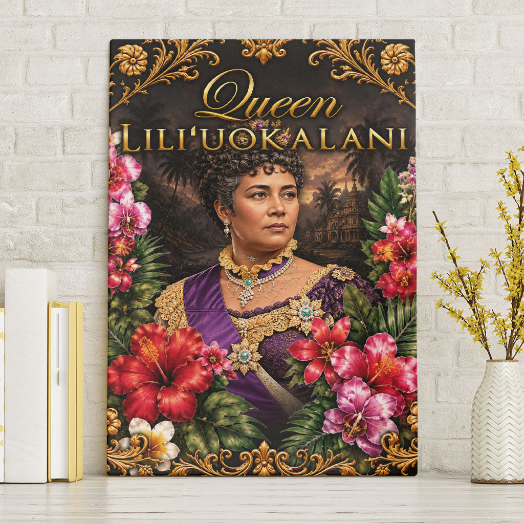 Queen Liliuokalani Hawaii Canvas Wall Art Royal Portrait Golden Floral Frame Tropical Hibiscus TS04 Without Frame Black Gold - Polynesian Pride