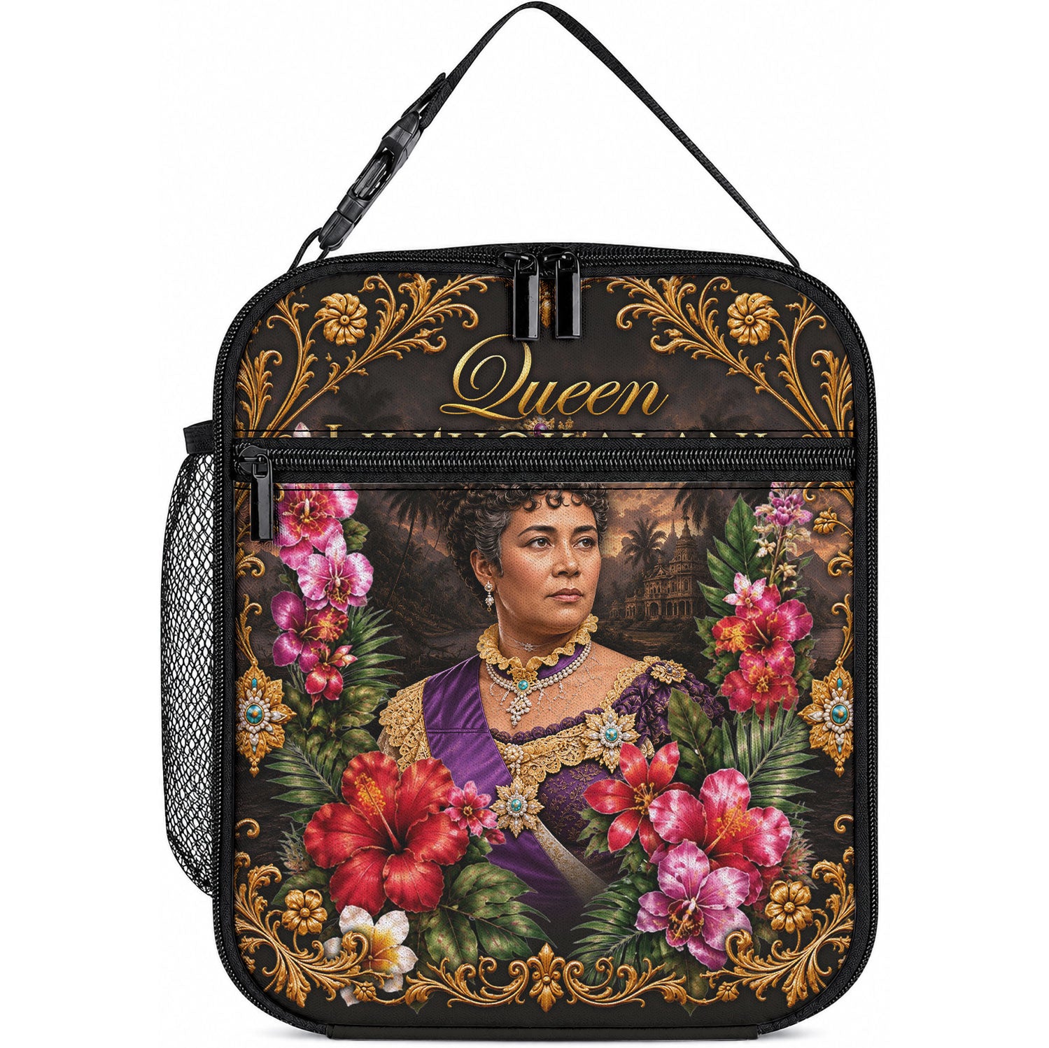 Queen Liliuokalani Hawaii Lunch Bag Royal Portrait Golden Floral Frame Tropical Hibiscus TS04 10.2 × 8.3 × 4.3 inch Black Gold - Polynesian Pride