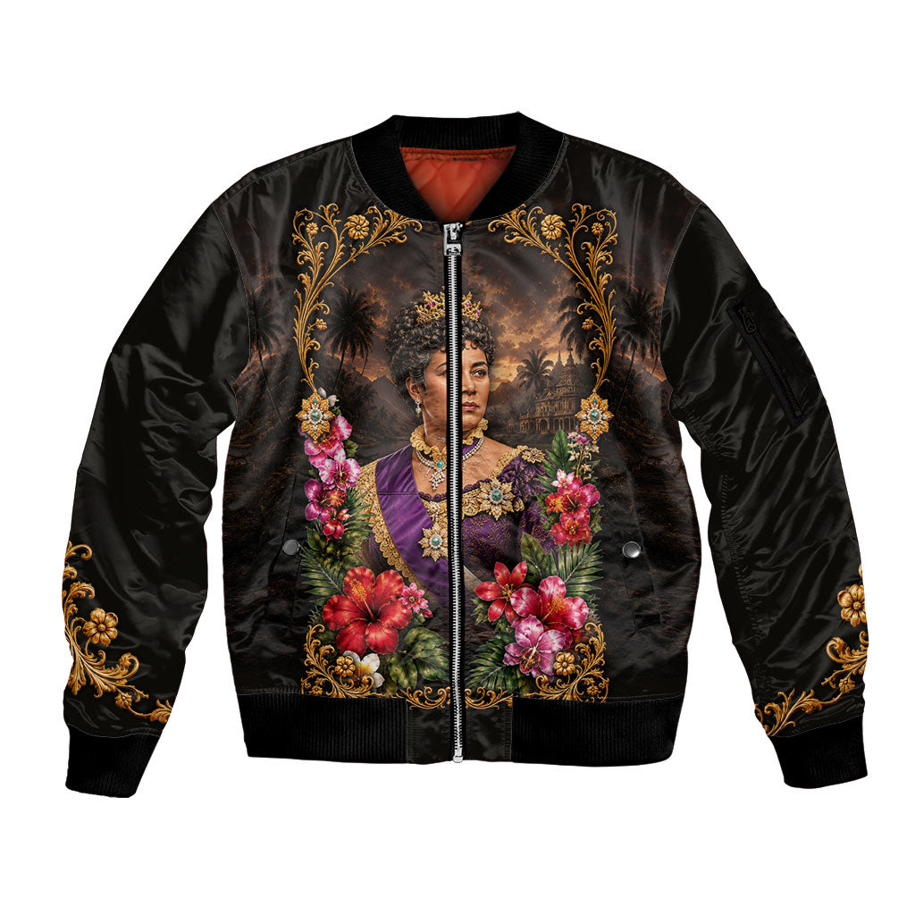 Queen Liliuokalani Hawaii Sleeve Zip Bomber Jacket Royal Portrait Golden Floral Frame Tropical Hibiscus TS04 Unisex Black Gold - Polynesian Pride
