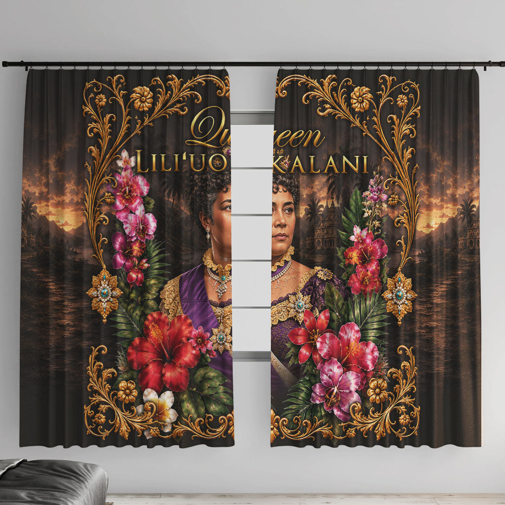 Queen Liliuokalani Hawaii Window Curtain Royal Portrait Golden Floral Frame Tropical Hibiscus TS04 With Hooks Black Gold - Polynesian Pride