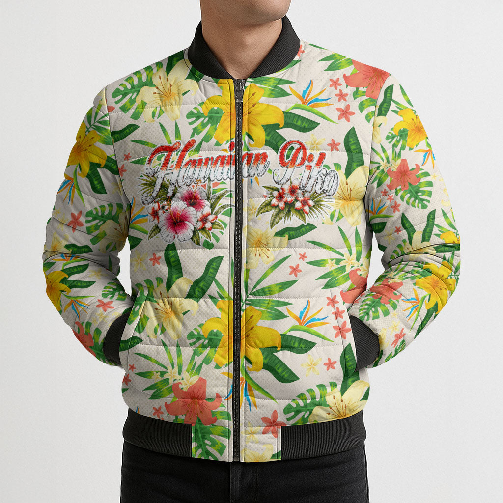 Hawaiian Piko Threads Of Paradise Aloha Bomber Puffer Jacket Tropical Hibiscus Plumeria