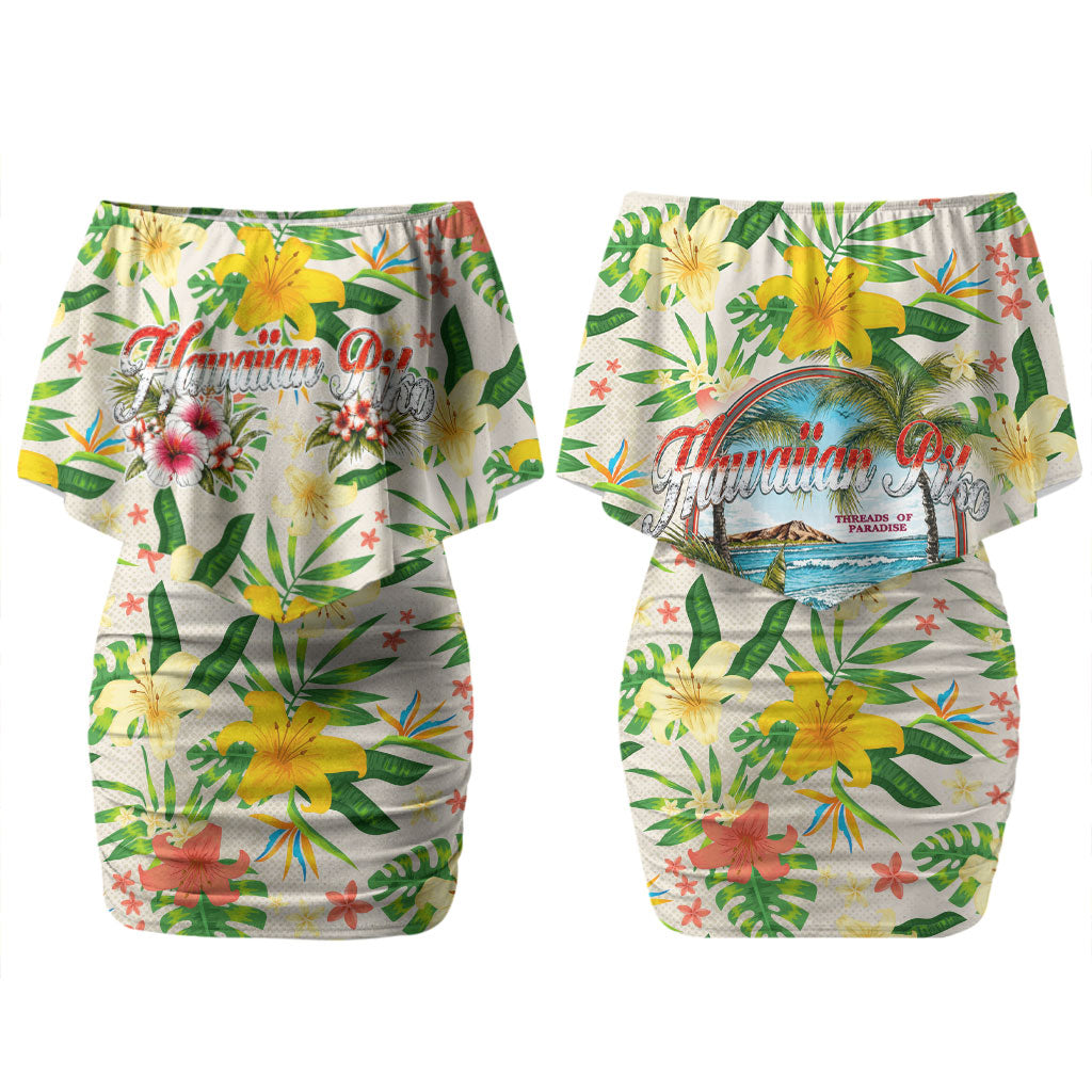 Hawaiian Piko Threads Of Paradise Aloha Couples Matching Off Shoulder Short Dress and Long Sleeve Button Shirt Tropical Hibiscus Plumeria