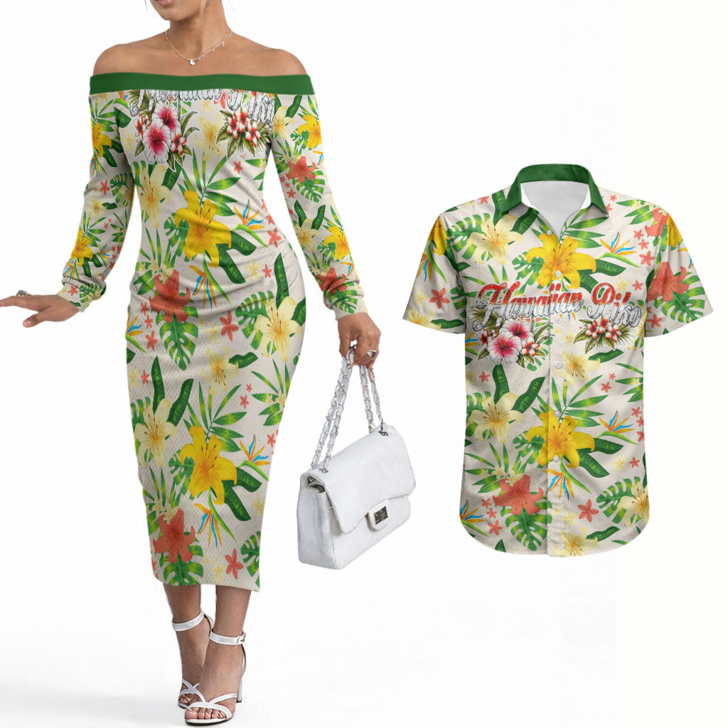 Hawaiian Piko Threads Of Paradise Aloha Couples Matching Off The Shoulder Long Sleeve Dress and Hawaiian Shirt Tropical Hibiscus Plumeria