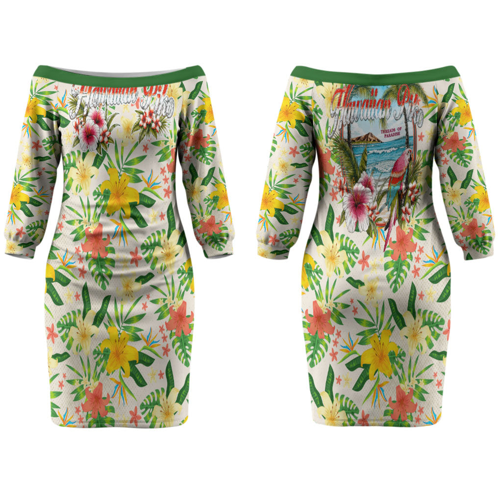 Hawaiian Piko Threads Of Paradise Aloha Couples Matching Off The Shoulder Long Sleeve Dress and Hawaiian Shirt Tropical Hibiscus Plumeria