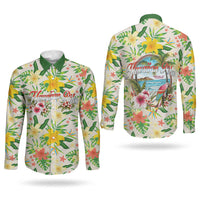 Hawaiian Piko Threads Of Paradise Aloha Couples Matching Off The Shoulder Long Sleeve Dress and Long Sleeve Button Shirt Tropical Hibiscus Plumeria
