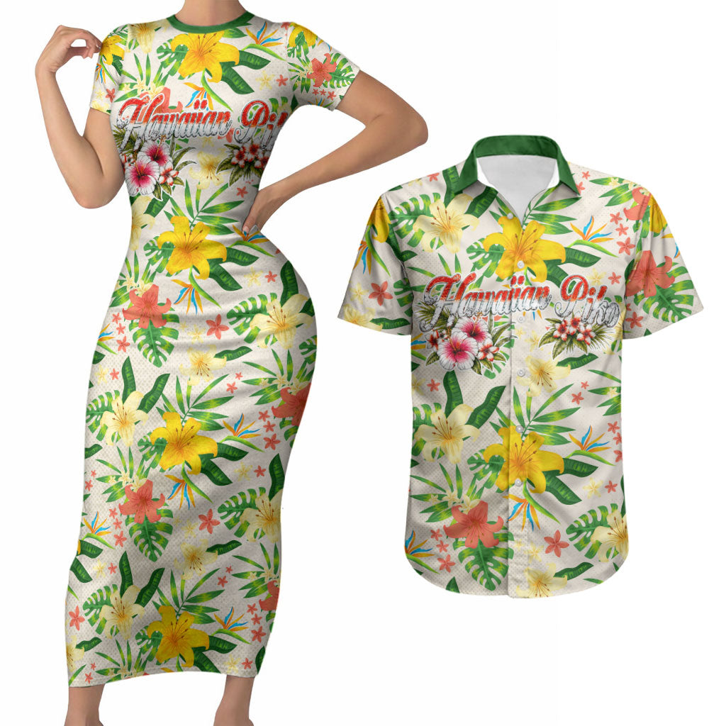 Hawaiian Piko Threads Of Paradise Aloha Couples Matching Short Sleeve Bodycon Dress and Hawaiian Shirt Tropical Hibiscus Plumeria