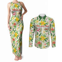 Hawaiian Piko Threads Of Paradise Aloha Couples Matching Tank Maxi Dress and Long Sleeve Button Shirt Tropical Hibiscus Plumeria