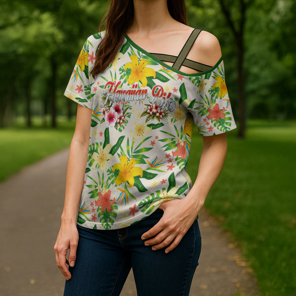 Hawaiian Piko Threads Of Paradise Aloha Cross Shoulder Shirt Tropical Hibiscus Plumeria