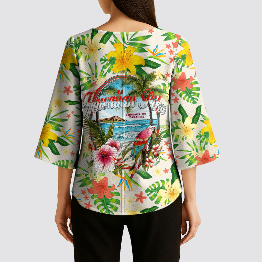 Hawaiian Piko Threads Of Paradise Aloha Kimono Sleeve Blouse Tropical Hibiscus Plumeria