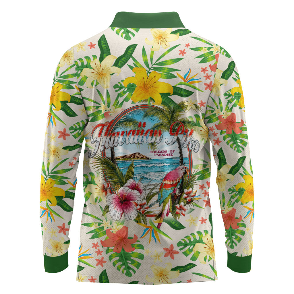 Hawaiian Piko Threads Of Paradise Aloha Long Sleeve Polo Shirt Tropical Hibiscus Plumeria