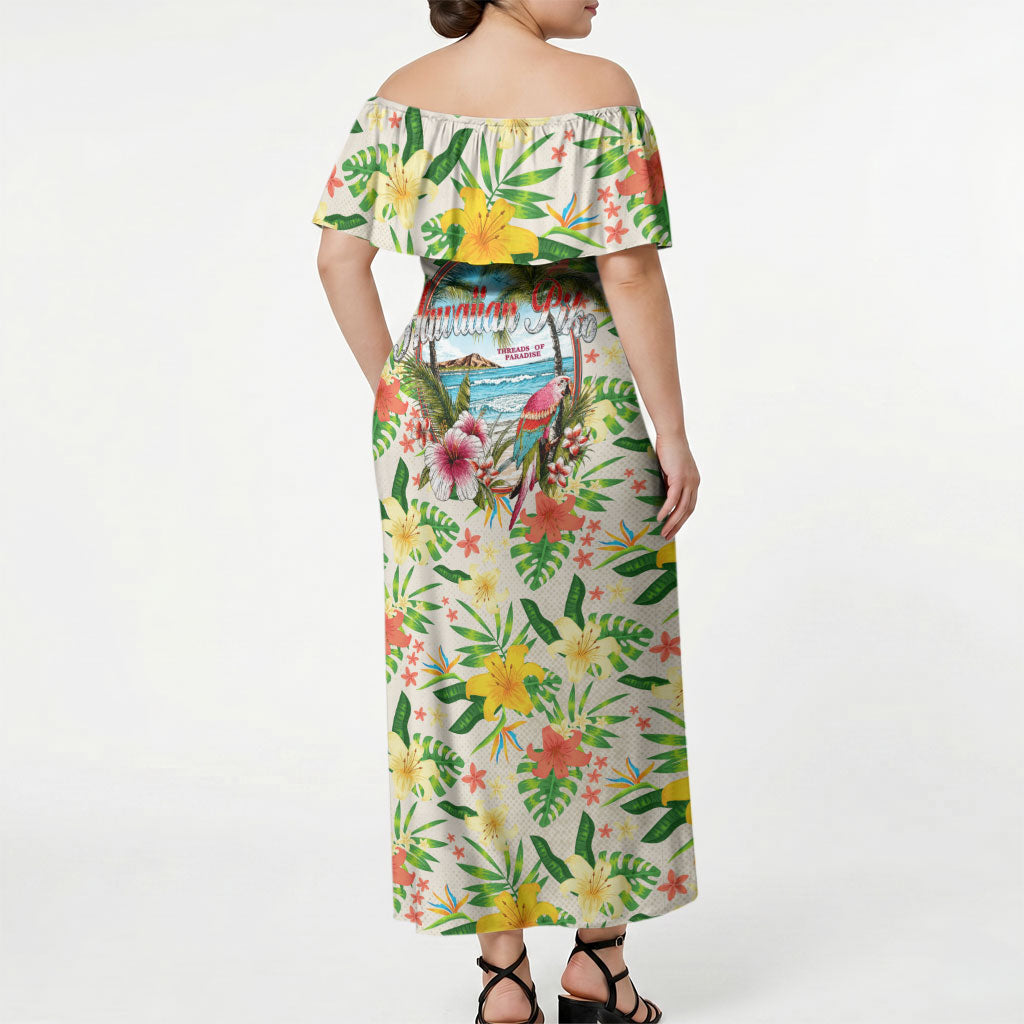 Hawaiian Piko Threads Of Paradise Aloha Off Shoulder Maxi Dress Tropical Hibiscus Plumeria