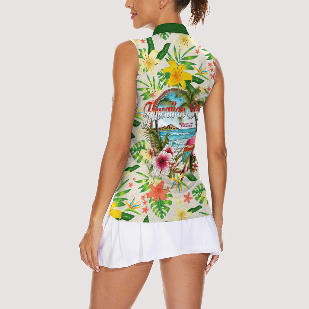 Hawaiian Piko Threads Of Paradise Aloha Women Sleeveless Polo Shirt Tropical Hibiscus Plumeria