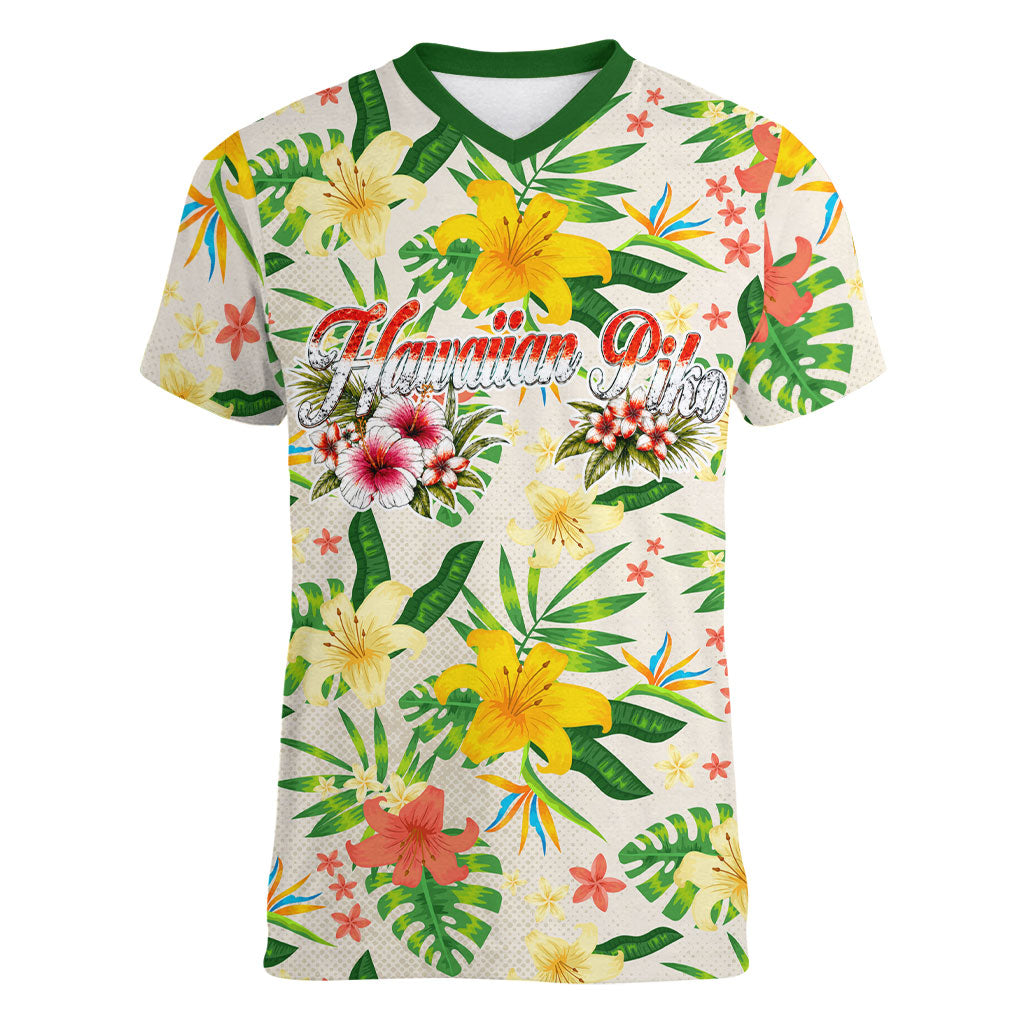 Hawaiian Piko Threads Of Paradise Aloha Women V-Neck T-Shirt Tropical Hibiscus Plumeria