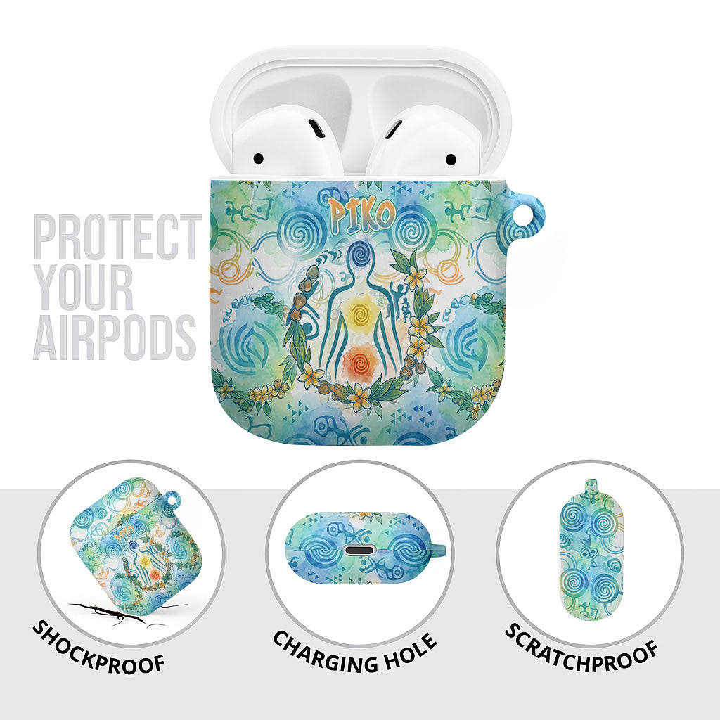 Hawaiian Piko Cultural Pride Aloha AirPods Case Watercolor Spiral Art - Tropical Plumeria Lei Garland