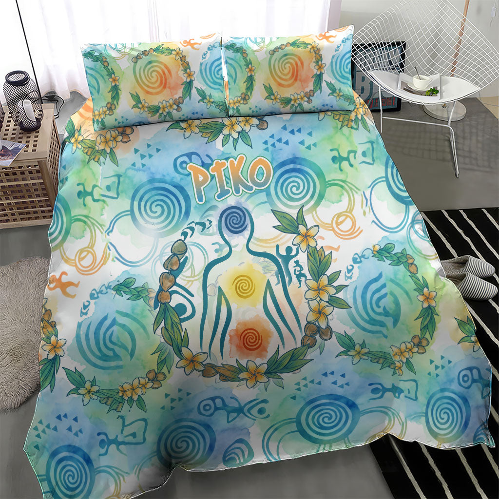 Hawaiian Piko Cultural Pride Aloha Bedding Set Watercolor Spiral Art - Tropical Plumeria Lei Garland