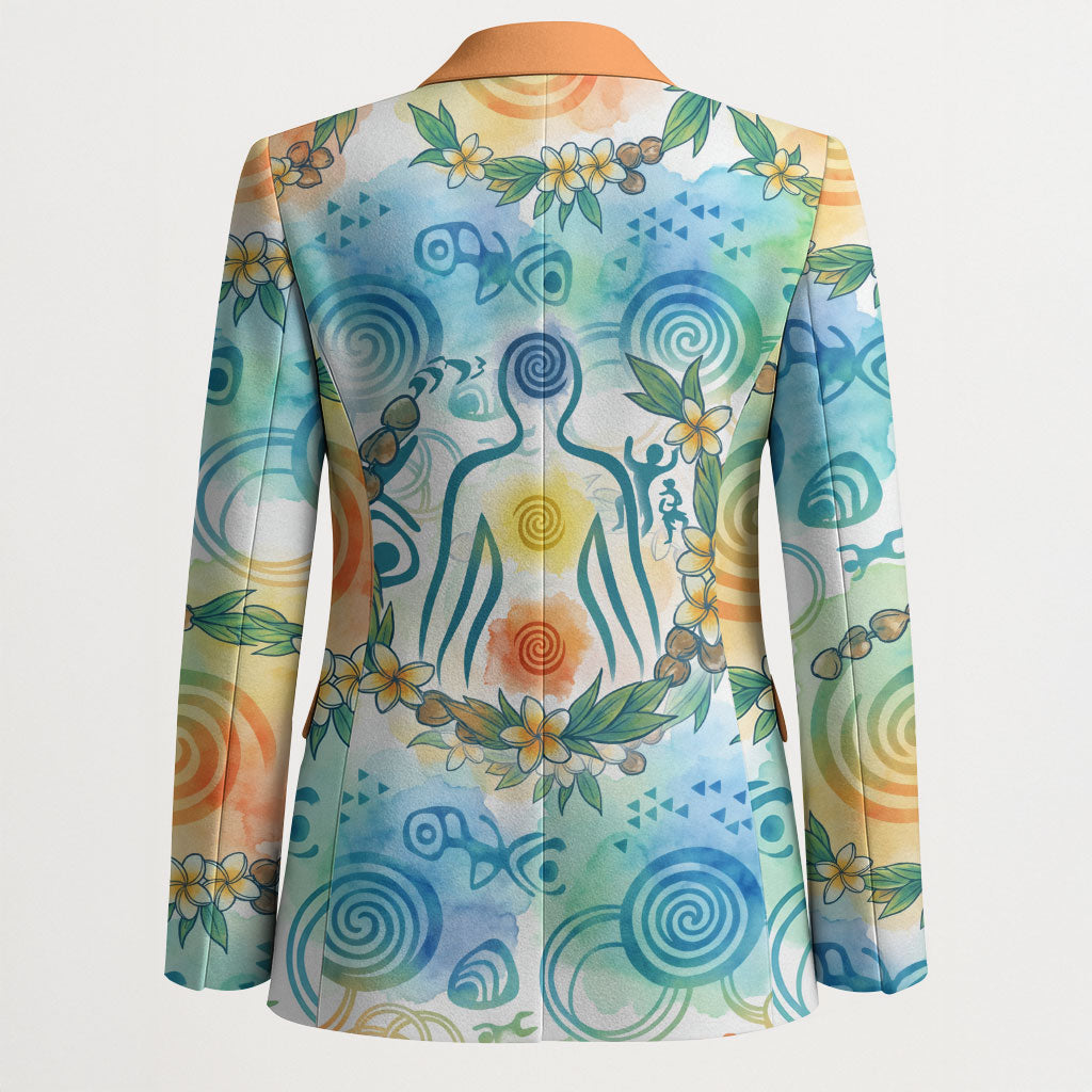Hawaiian Piko Cultural Pride Aloha Blazer Watercolor Spiral Art - Tropical Plumeria Lei Garland