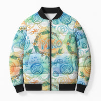Hawaiian Piko Cultural Pride Aloha Bomber Puffer Jacket Watercolor Spiral Art - Tropical Plumeria Lei Garland