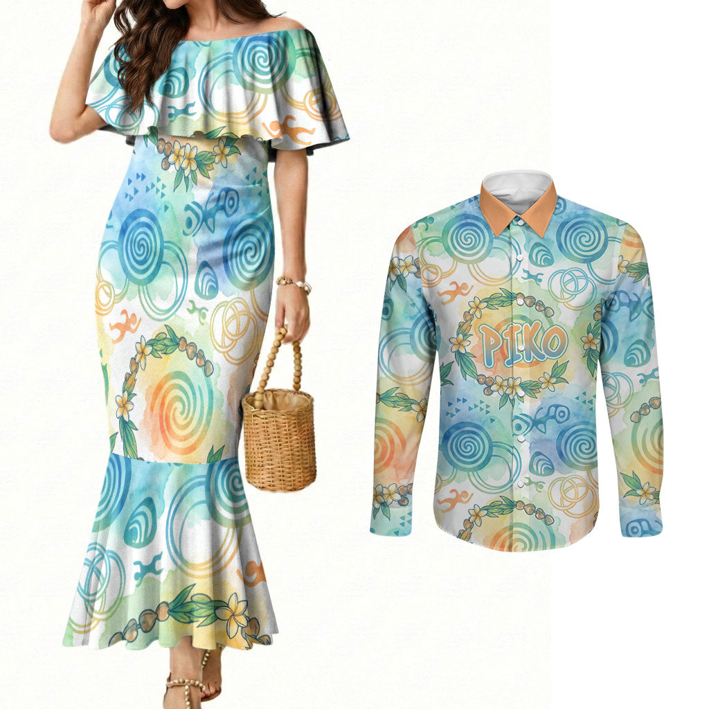 Hawaiian Piko Cultural Pride Aloha Couples Matching Mermaid Dress and Long Sleeve Button Shirt Watercolor Spiral Art - Tropical Plumeria Lei Garland