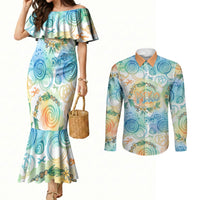 Hawaiian Piko Cultural Pride Aloha Couples Matching Mermaid Dress and Long Sleeve Button Shirt Watercolor Spiral Art - Tropical Plumeria Lei Garland