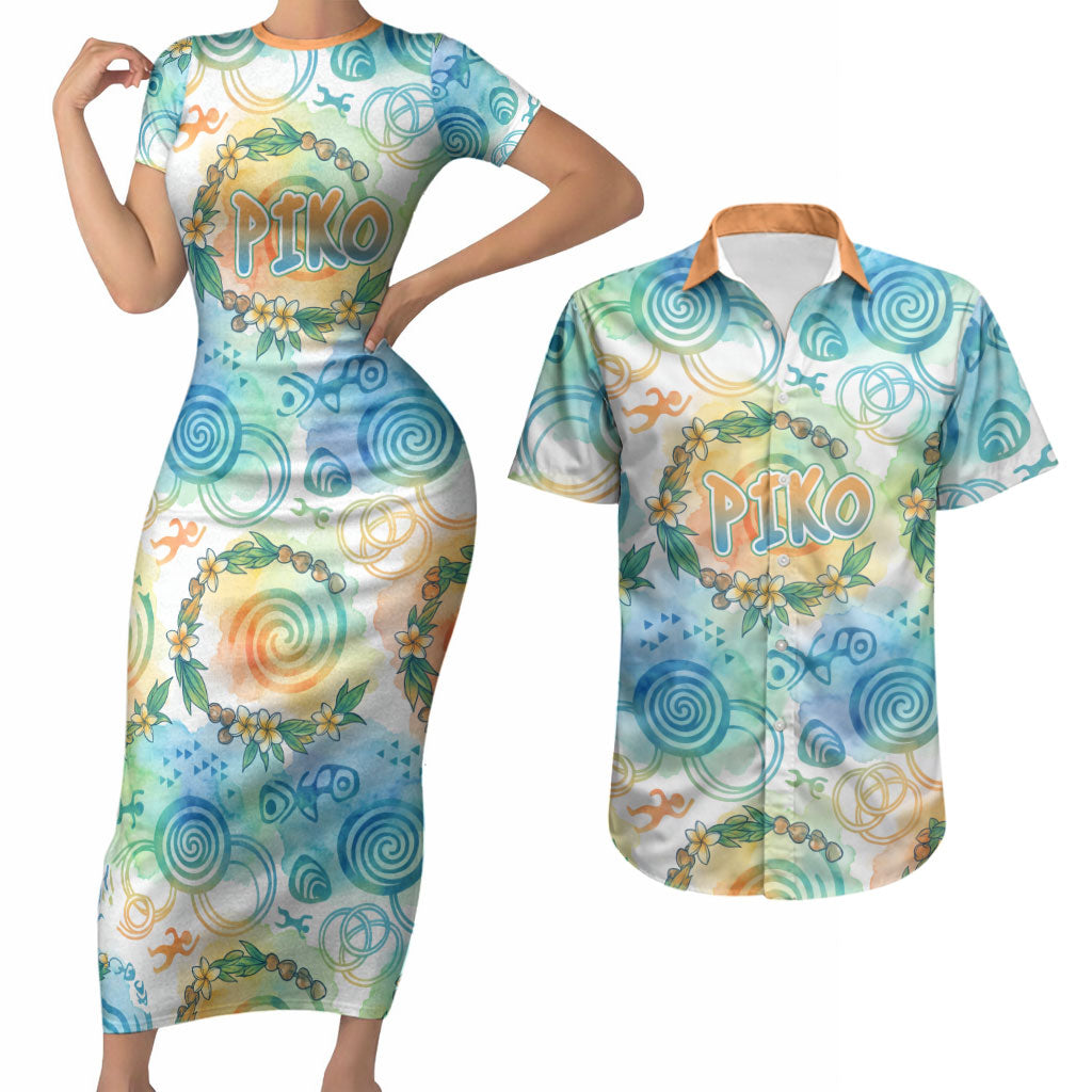 Hawaiian Piko Cultural Pride Aloha Couples Matching Short Sleeve Bodycon Dress and Hawaiian Shirt Watercolor Spiral Art - Tropical Plumeria Lei Garland