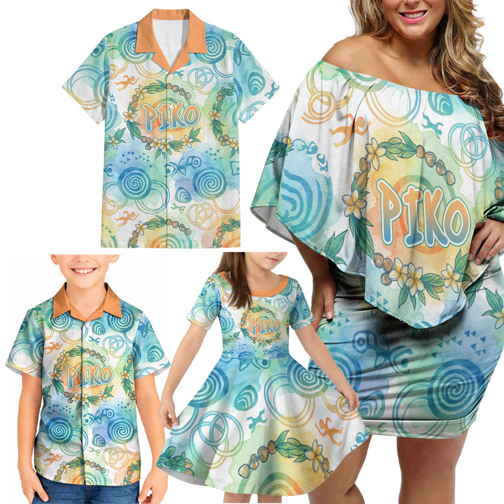 Hawaiian Piko Cultural Pride Aloha Family Matching Off Shoulder Short Dress and Hawaiian Shirt Watercolor Spiral Art - Tropical Plumeria Lei Garland
