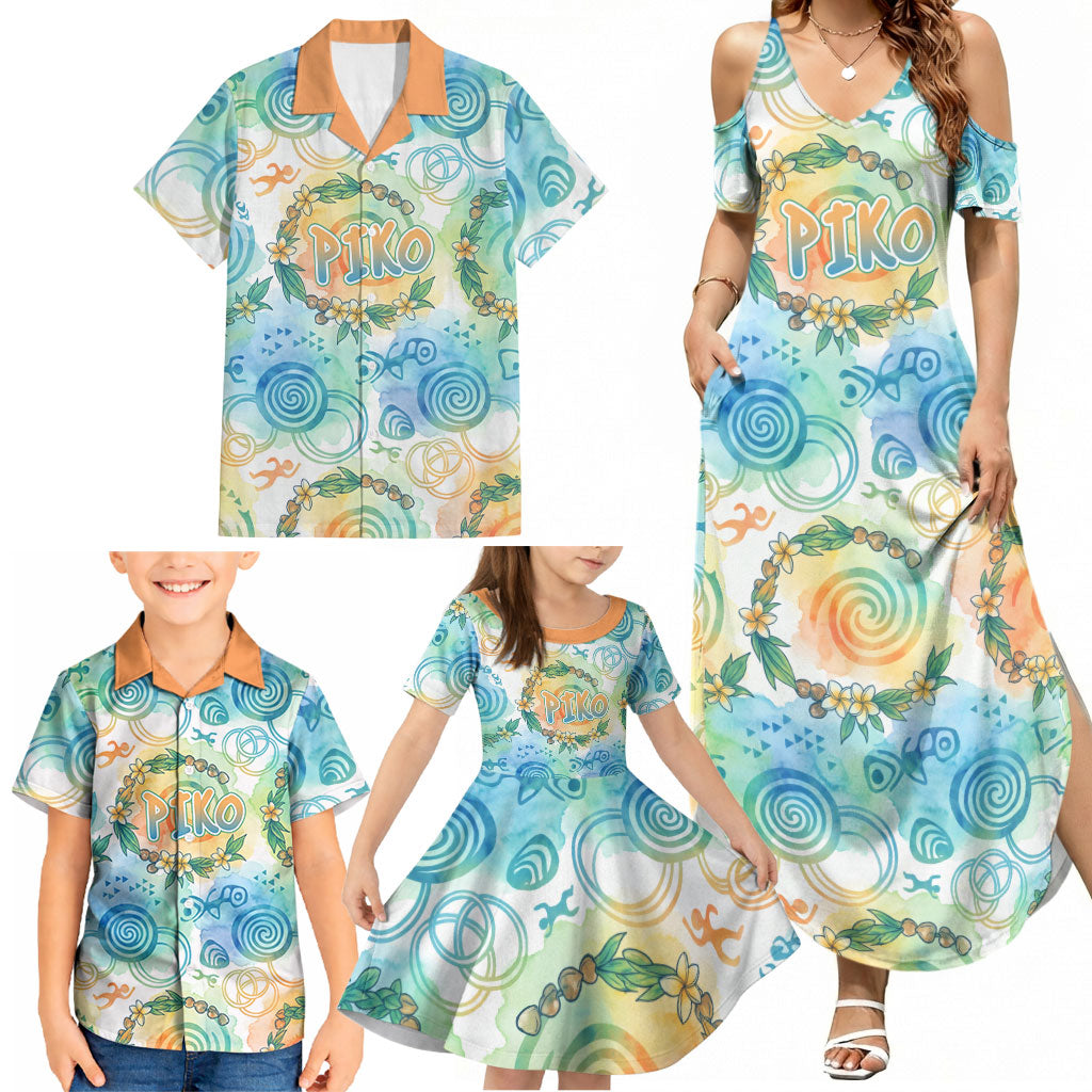 Hawaiian Piko Cultural Pride Aloha Family Matching Summer Maxi Dress and Hawaiian Shirt Watercolor Spiral Art - Tropical Plumeria Lei Garland