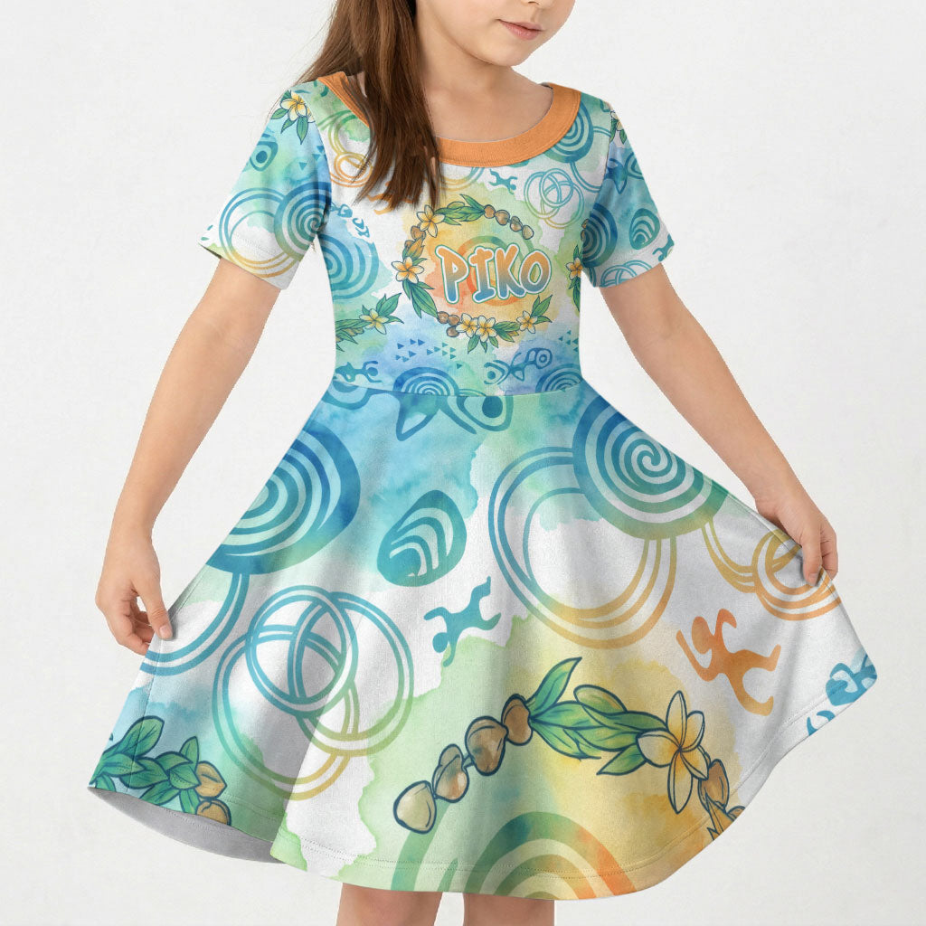 Hawaiian Piko Cultural Pride Aloha Kid Short Sleeve Dress Watercolor Spiral Art - Tropical Plumeria Lei Garland