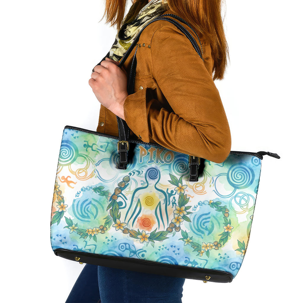 Hawaiian Piko Cultural Pride Aloha Leather Tote Bag Watercolor Spiral Art - Tropical Plumeria Lei Garland
