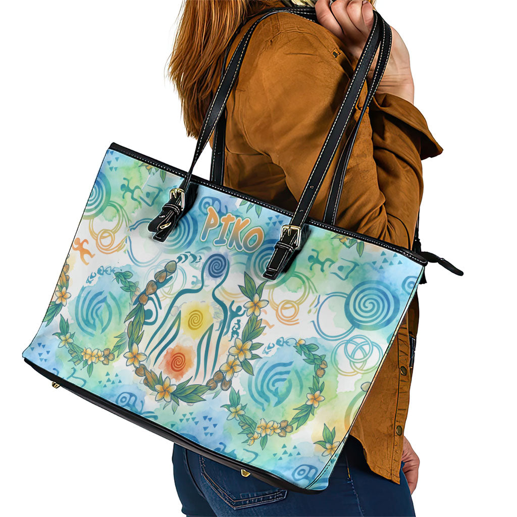 Hawaiian Piko Cultural Pride Aloha Leather Tote Bag Watercolor Spiral Art - Tropical Plumeria Lei Garland