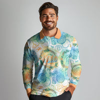 Hawaiian Piko Cultural Pride Aloha Long Sleeve Polo Shirt Watercolor Spiral Art - Tropical Plumeria Lei Garland