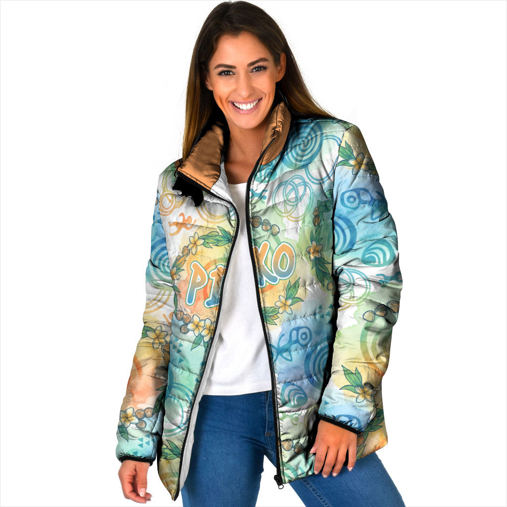 Hawaiian Piko Cultural Pride Aloha Padded Jacket Watercolor Spiral Art - Tropical Plumeria Lei Garland
