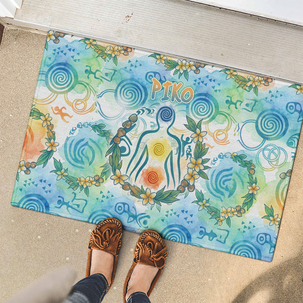 Hawaiian Piko Cultural Pride Aloha Rubber Doormat Watercolor Spiral Art - Tropical Plumeria Lei Garland