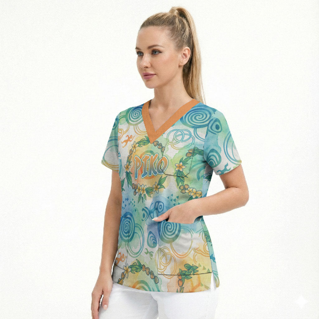 Hawaiian Piko Cultural Pride Aloha Scrub Top Watercolor Spiral Art - Tropical Plumeria Lei Garland